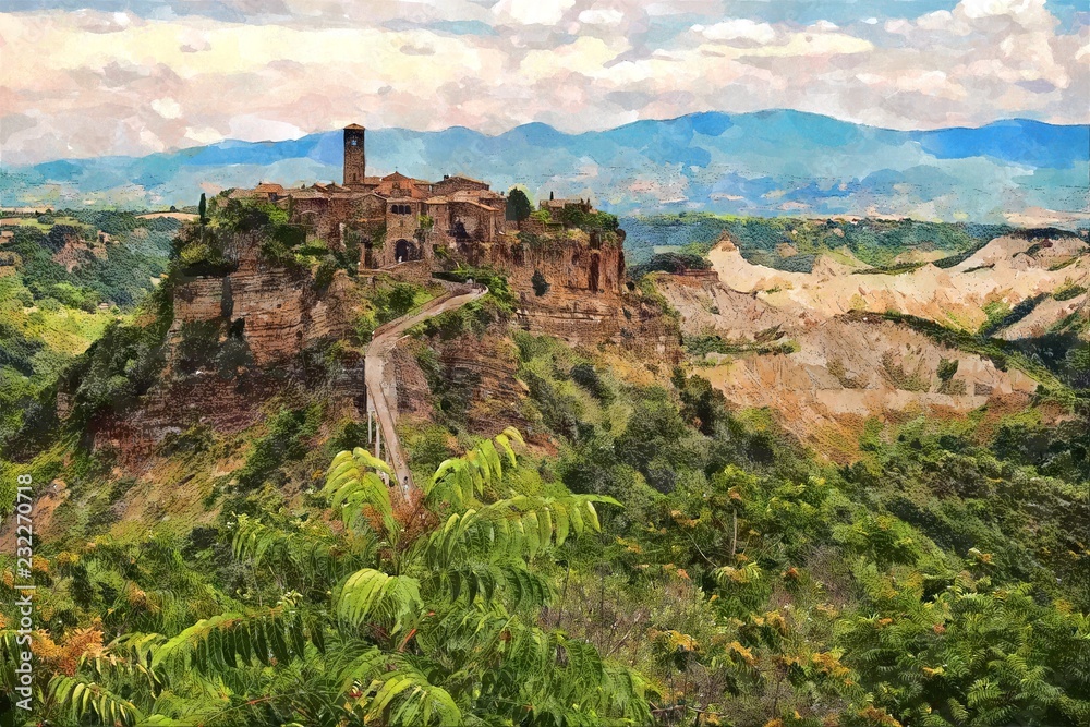 Painting of town Civita in Italy