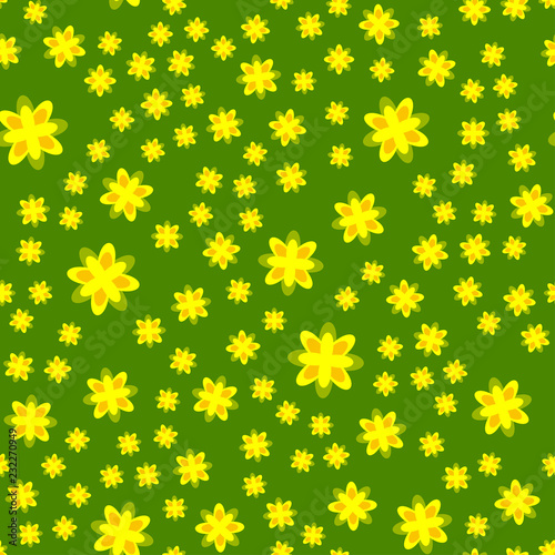 Vasant Panchami. Concept Indian religious festival. Stylized mustard flowers. Green background. Seamless pattern.