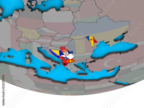 CEFTA countries with embedded national flags on simple political 3D globe.