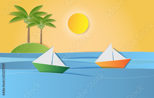 Sailing boat in sea with sun and coconut tree, Paper art style. Vector illustration