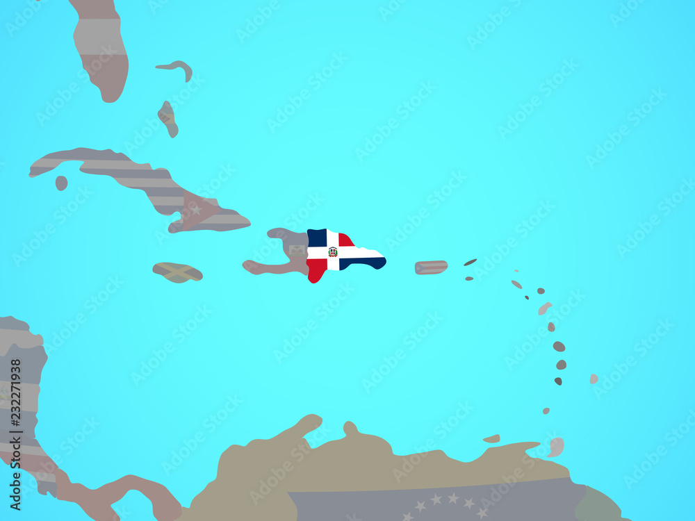 Dominican Republic with national flag on blue political globe.