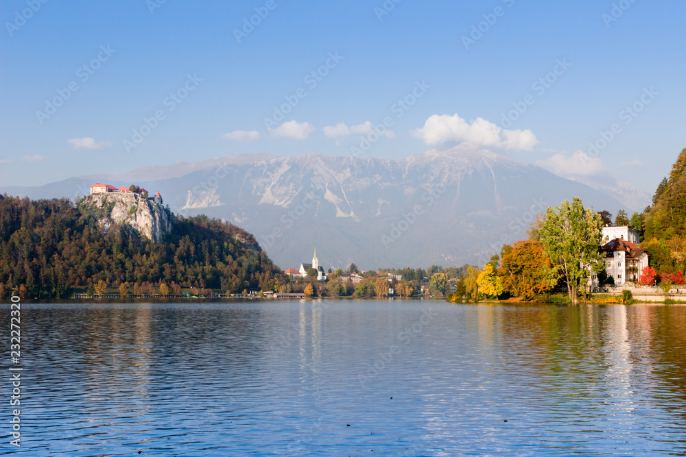 Colorful autumn at Lake Bled, SLovenia. Bled castle on background