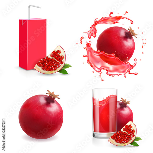 Pomegranate juice isolated icons, glass, pack set. Realistic collection
