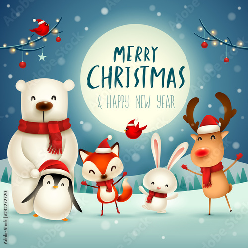Merry Christmas and Happy New Year! Christmas Cute Animals Character. Happy Christmas Companions. Polar Bear, Fox, Penguin, Bunny and Red Cardinal Bird under the moonlight. Winter landscape.