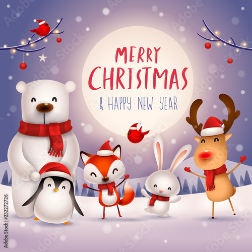 Merry Christmas and Happy New Year! Christmas Cute Animals Character. Happy Christmas Companions. Polar Bear, Fox, Penguin, Bunny and Red Cardinal Bird under the moonlight. Winter landscape.