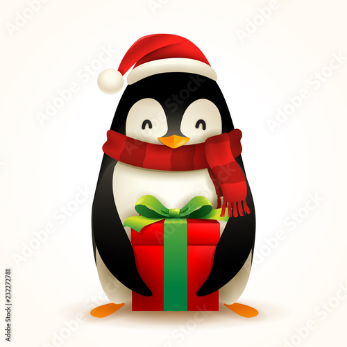 Christmas Penguin with Santa’s Cap, Red Scarf and Gift Present.