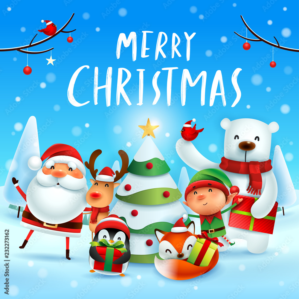 Merry Christmas! Happy Christmas companions. Santa Claus, Reindeer, Elf,  Polar Bear, Fox, Penguin and Red Cardinal Bird in Christmas snow scene.  Stock Vector | Adobe Stock