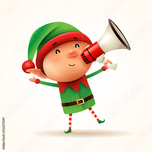 Little elf with megaphone. Isolated.