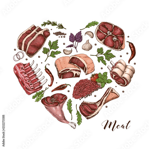 Isolated meat heart with different color meats in sketch style.