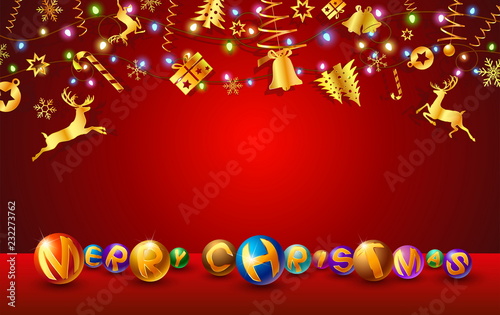 text of Christmas festival and New Year celebration,red background and gold elements on copy space which were design for decorative xmas tree,greeting card and party invitation for celebration