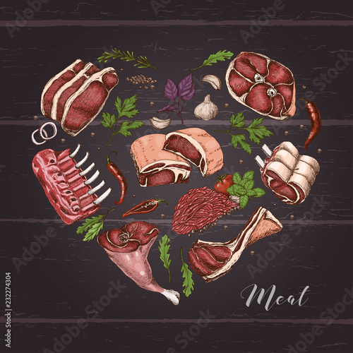 Isolated meat heart with different color meats in sketch style.