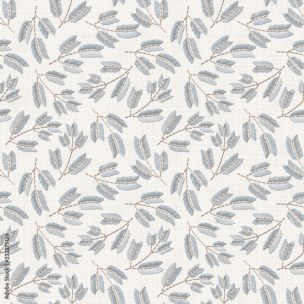  Embroidery floral seamless pattern on linen cloth texture