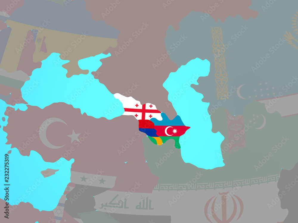 Obraz premium Caucasus region with national flags on blue political globe.