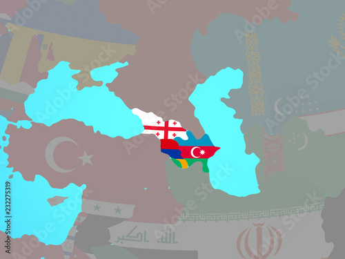 Caucasus region with national flags on blue political globe.