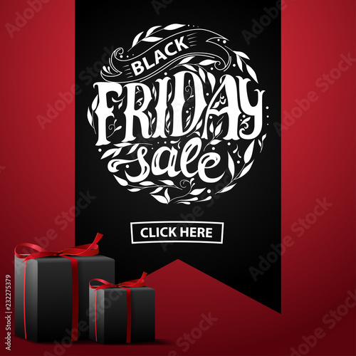Black Friday sale. Banner with gifts and lettering