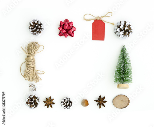 Christmas Square frame from cones, anise stars, rope, bow, Christmas tree, nut on a white background with free space for inscriptions or wishes. Christmas border Flat lay new year composition mock up