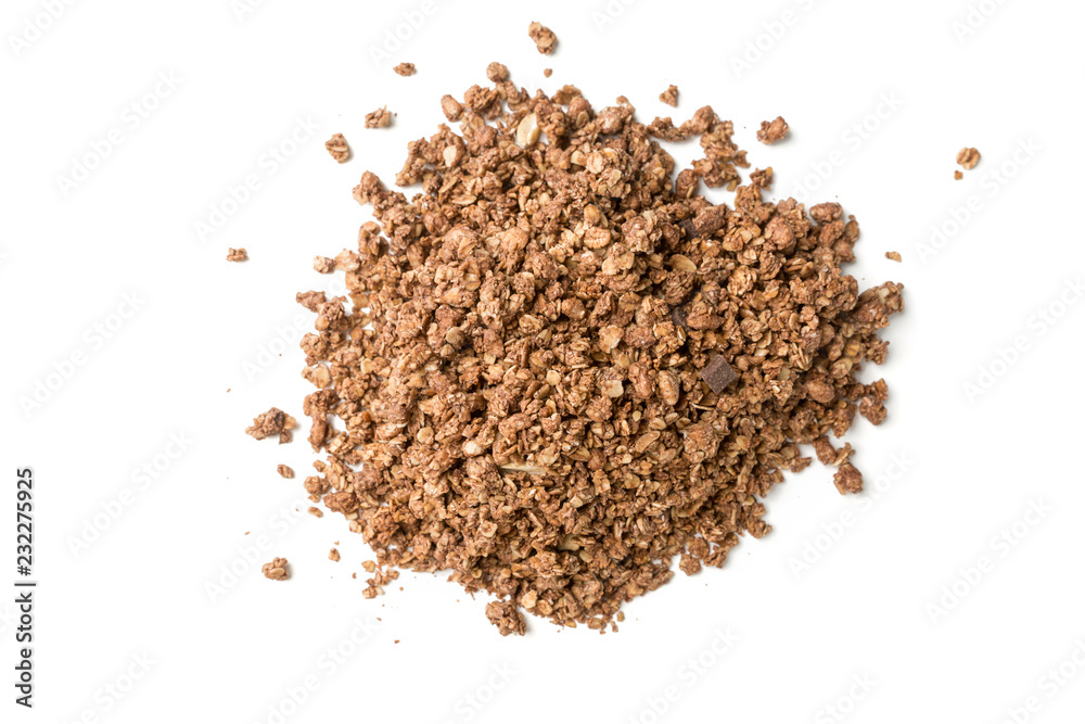 Crunchy granola, muesli pile with chocolate isolated on white background Crunchy granola, muesli pile with chocolate isolated on white background