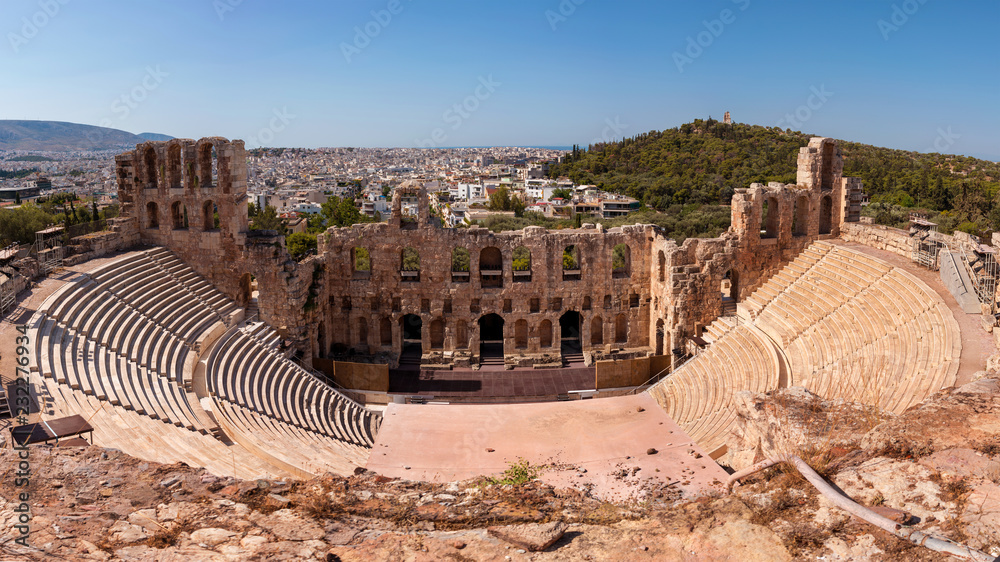Old amphitheater building panorama in Athens city.