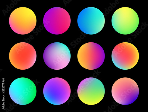 Rounded holographic gradient sphere button. Multicolor green purple yellow orange pink cyan fluid circle gradients, colorful soft round buttons or vivid color spheres flat vector set