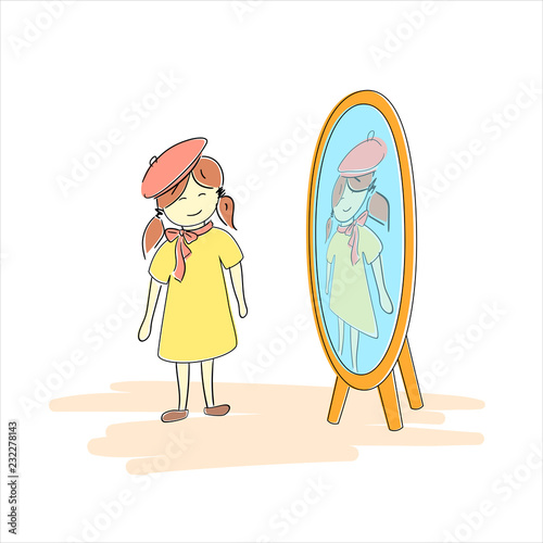 Girl looks in the mirror