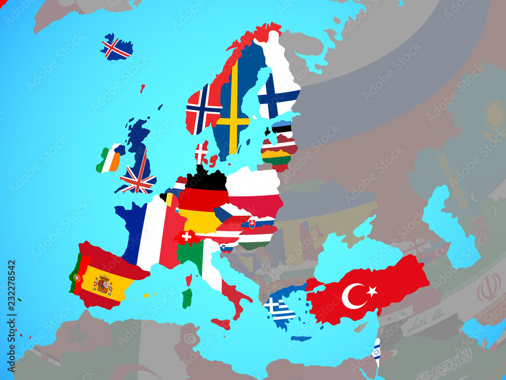 Obraz premium OECD European members with national flags on blue political globe.