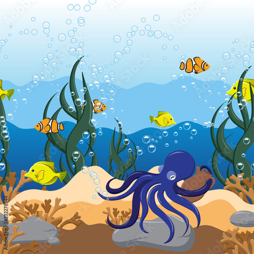 Underwater seascape seamless border with algae, octopus, jugs, fish and stones. Hand Drawn Vector illustration