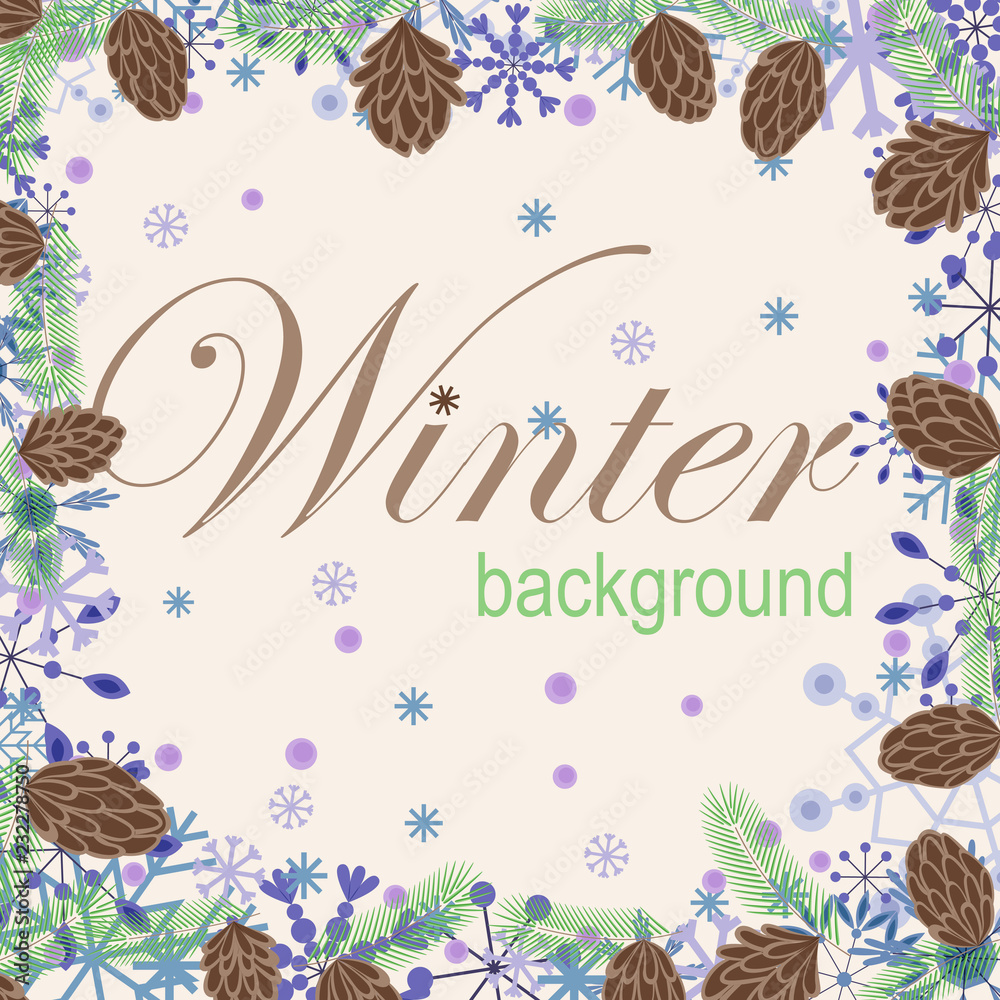 Winter background with snowflakes and cones