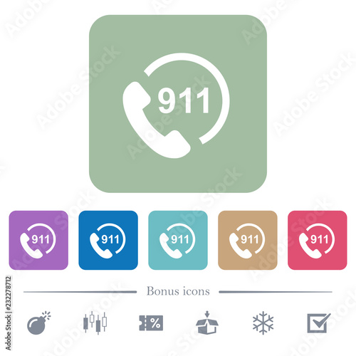 Emergency call 911 flat icons on color rounded square backgrounds