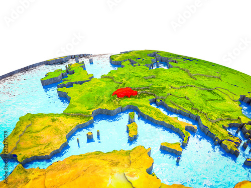 Switzerland on 3D Earth with visible countries and blue oceans with waves.