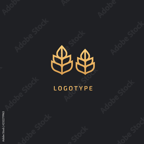 Vector stock logo, abstract nature sign. Illustration design of elegant, premium and royal logotype bakery, bread, agroculture, grain, millet, field, flour. Vector icon of gold ear.