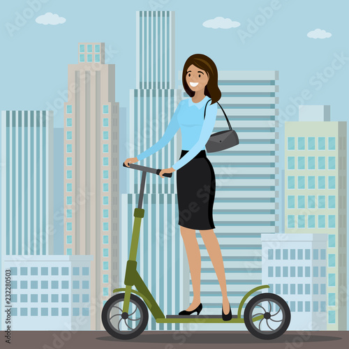 Caucasian Businesswoman riding on kick scooter to work