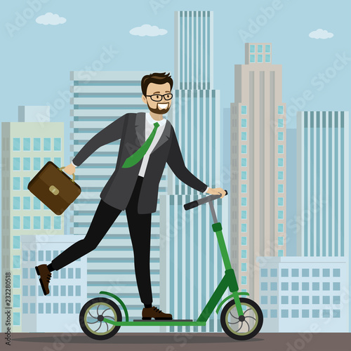 Caucasian Businessman riding on kick scooter to work.