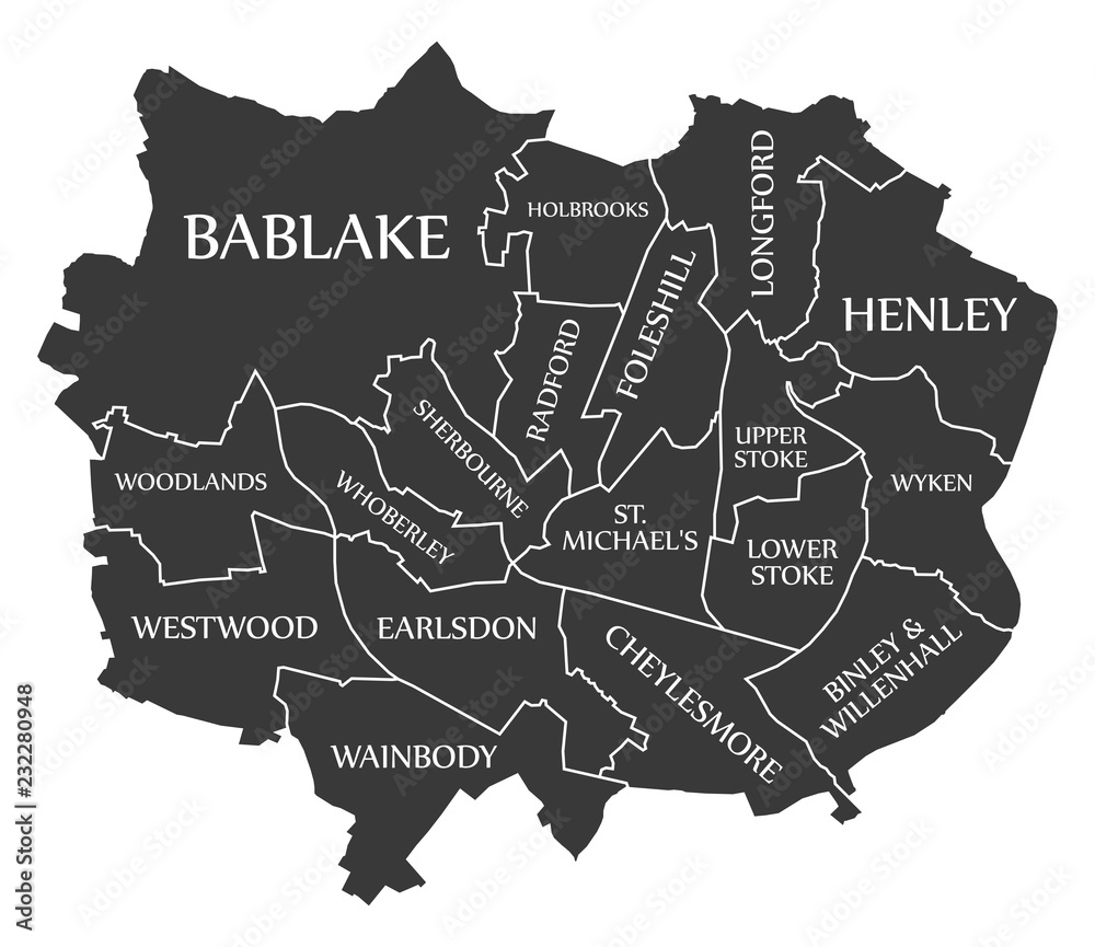 Coventry City Map England UK labelled black illustration