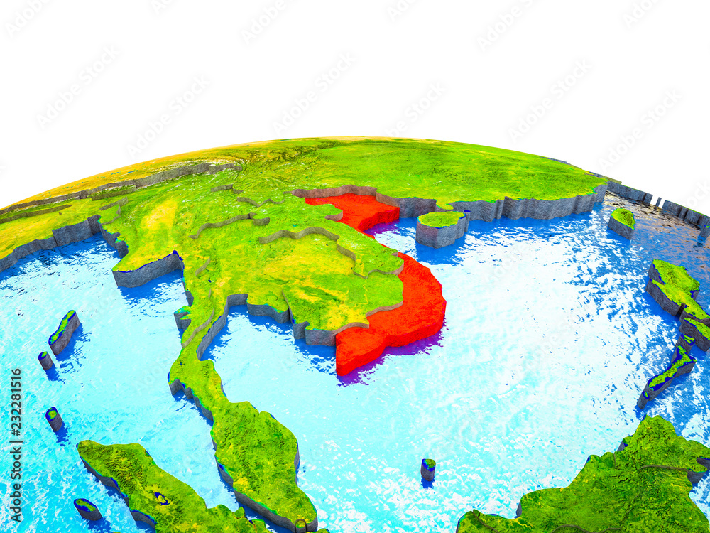 Vietnam on 3D Earth with visible countries and blue oceans with waves.