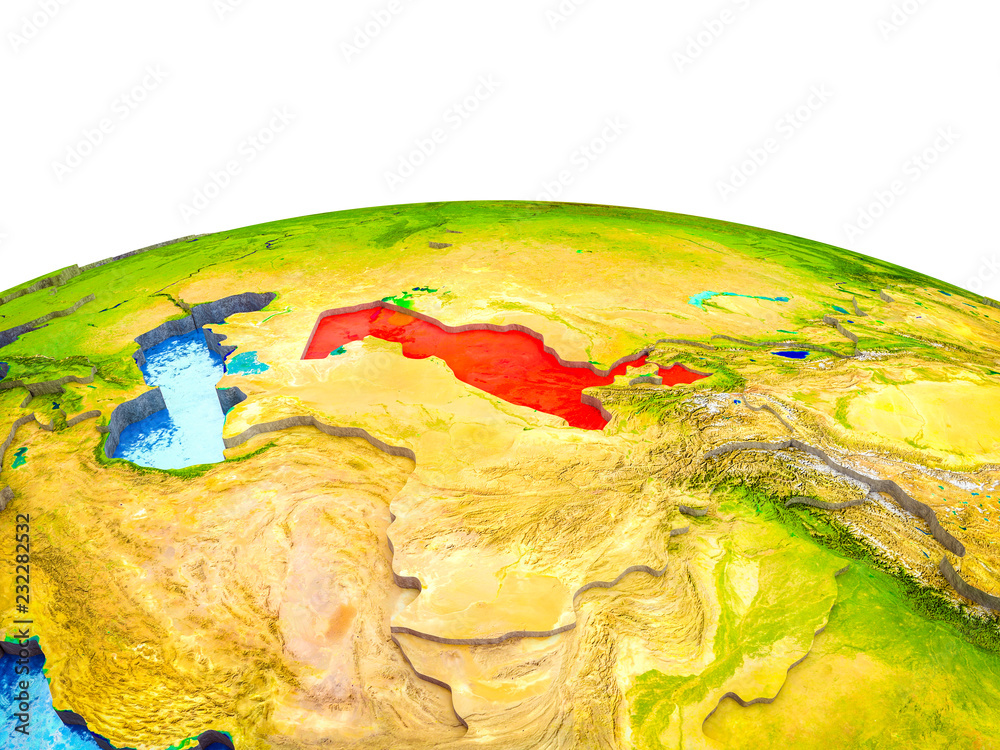 Uzbekistan on 3D Earth with visible countries and blue oceans with waves.