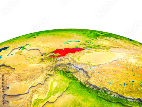 Kyrgyzstan on 3D Earth with visible countries and blue oceans with waves.