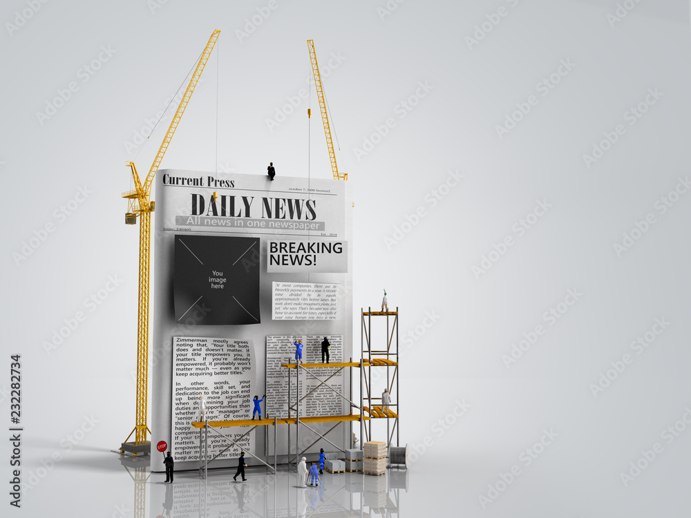 news building concept builders stick newspaper columns on a blank newspaper sheet 3d render on grey