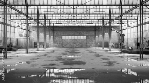 empty Hangar industrial warehouse 3d render image