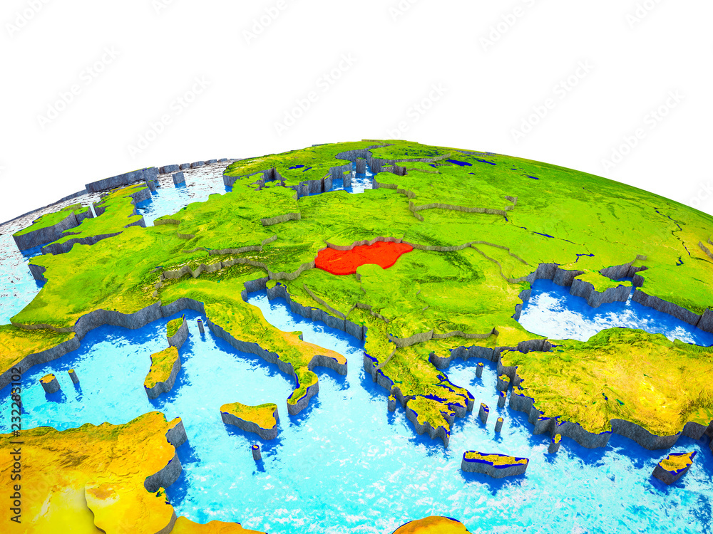 Hungary on 3D Earth with visible countries and blue oceans with waves.
