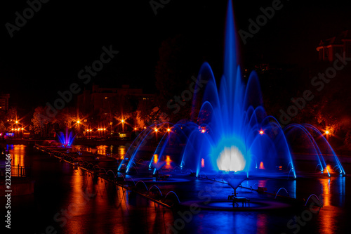 Glowing multicolored illumination fountains in the Far Eastern city of Khabarovsk.