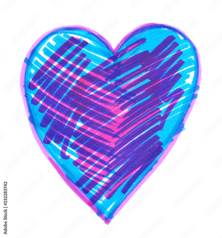 Blue and pink heavily scribbled heart painted in highlighter felt tip pen on clean white background Blue and pink heavily scribbled heart painted in highlighter felt tip pen on clean white background