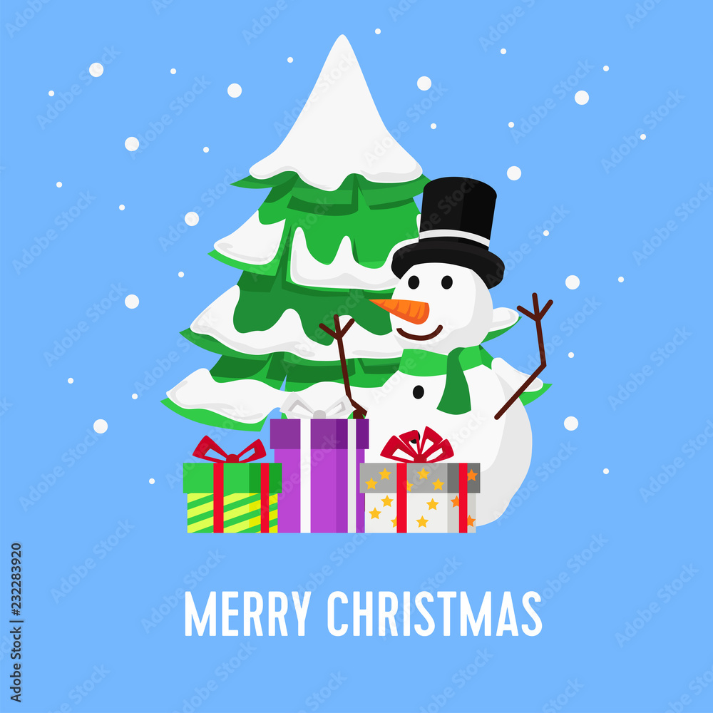 Christmas greeting card banner template with illustration of snowman and tree