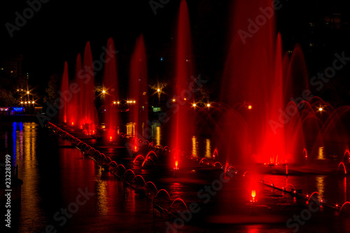 Glowing multicolored illumination fountains in the Far Eastern city of Khabarovsk.