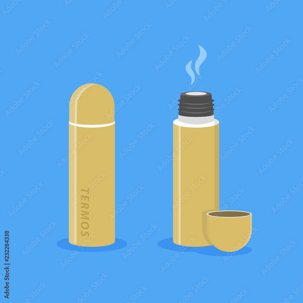 Cartoon drink in opened and closed thermos Cartoon drink in opened and closed thermos
