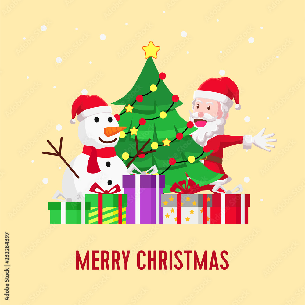 Christmas greeting card banner template with illustration of Santa Claus and Snowman and fir tree with gift box Christmas greeting card banner template with illustration of Santa Claus and Snowman and fir tree with gift box