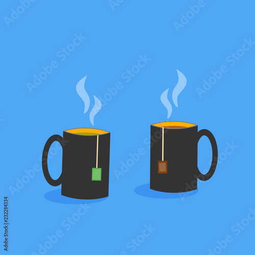  Cartoon drink in two cups of tea with tea bags