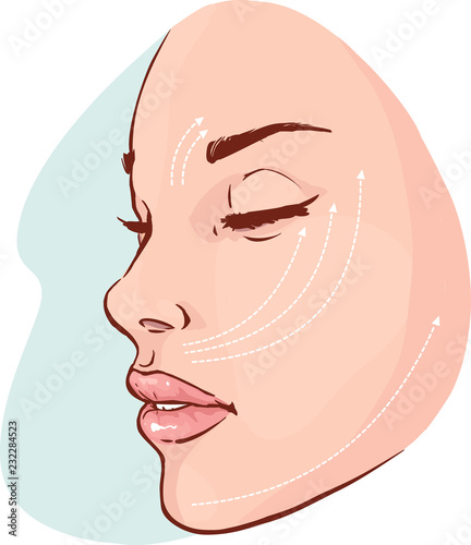 Beautiful woman with marks drawn on her face for plastic cosmetic surgery vector illustration