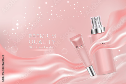 Beauty product, pink cosmetic containers with advertising background ready to use, luxury skin care ad. illustration vector.	