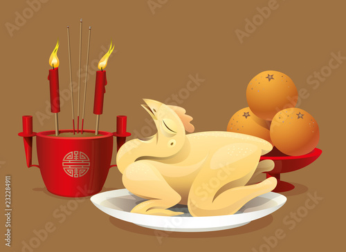 Traditional Chinese culture and religion: Chicken oblation and worship to Gods and ancestors
