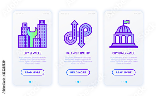 Smart city thin line icons set: city services, balanced traffic, city governance. Vector illustration for user mobile interface.
